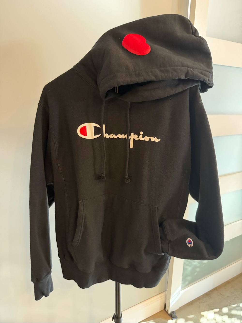 Champion Black Hoodie with Red Logo Accent